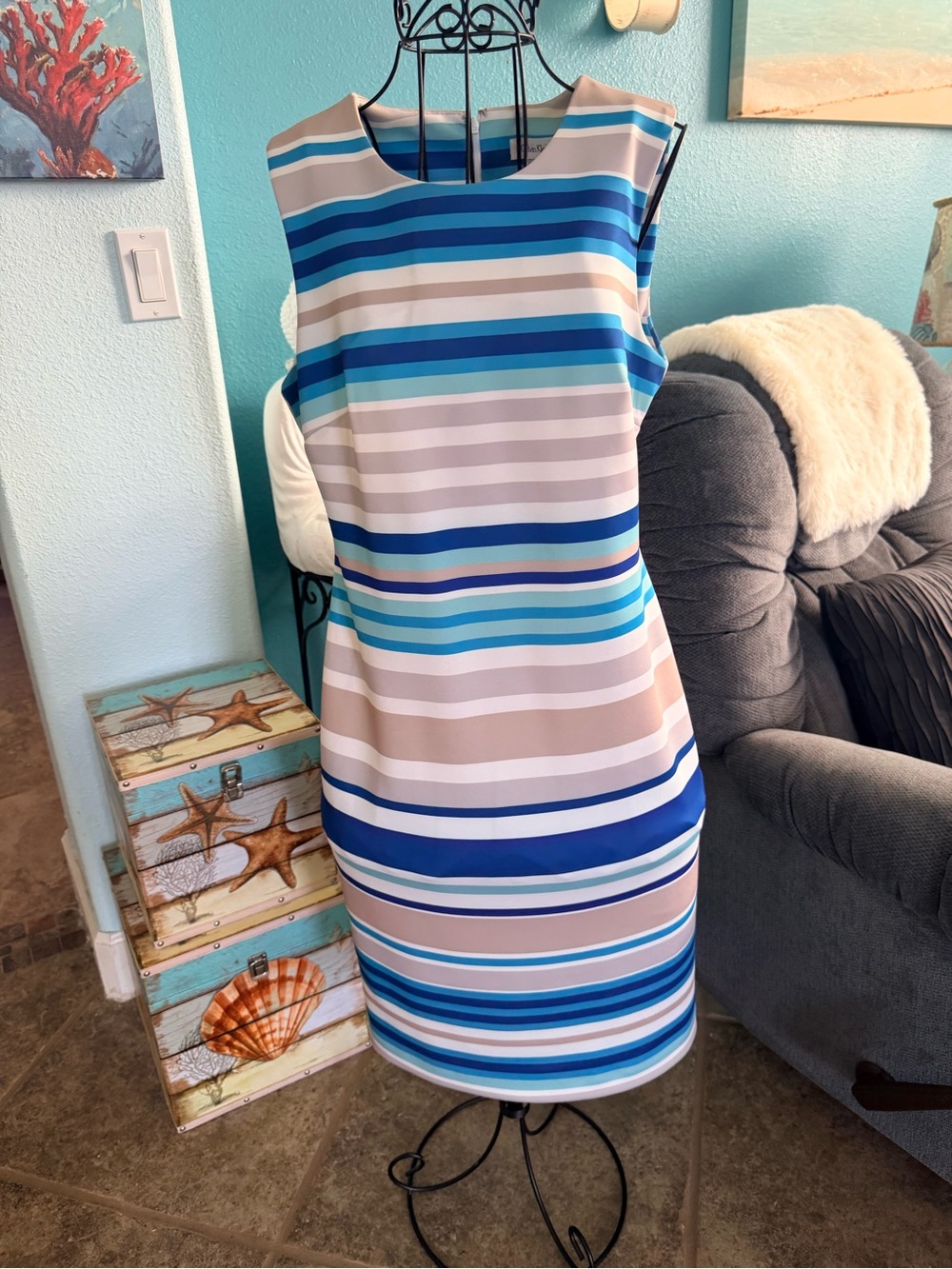 Calvin Klein Sleeveless Striped Midi Dress in Blue and Tan